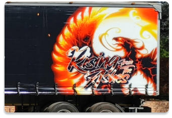 Rising from the ashes message on truck